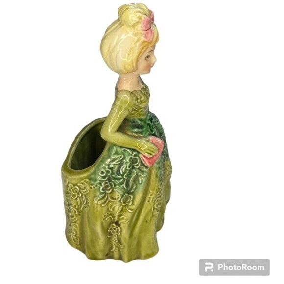 Rare Vintage Enesco Ceramic Planter Lady Figurine Green Dress Japan E-8283 - Picture 3 of 6
